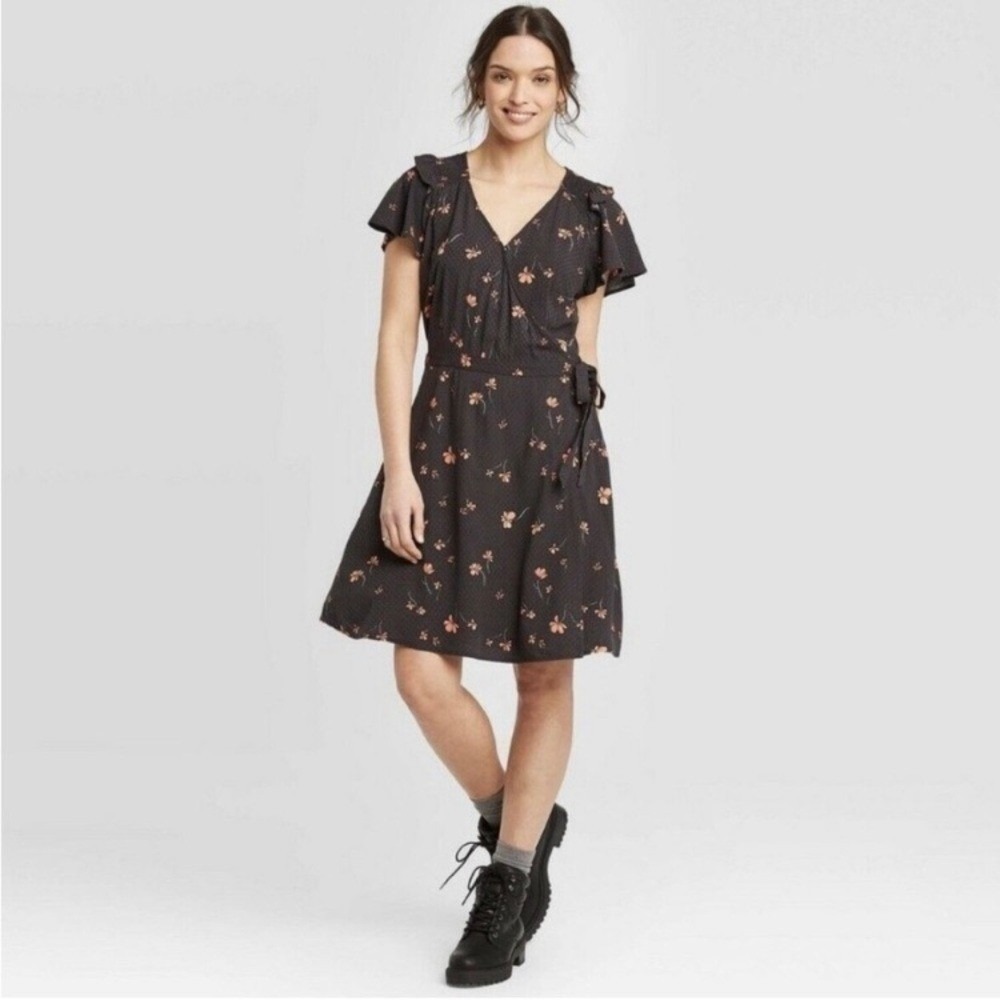 Universal Thread black wrap dress with orange flower details size S midi ruffle